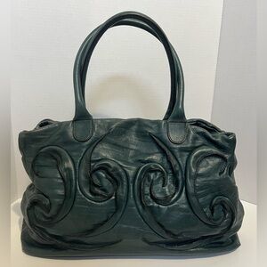 FALORNI Italia LE BORSE Unique Teal Green Leather Tote Bag with swirl design